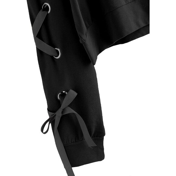 Women’s Crop Top Sweatshirt Long Sleeve Lace Up Casual Fall Spring - Picture 3 of 5